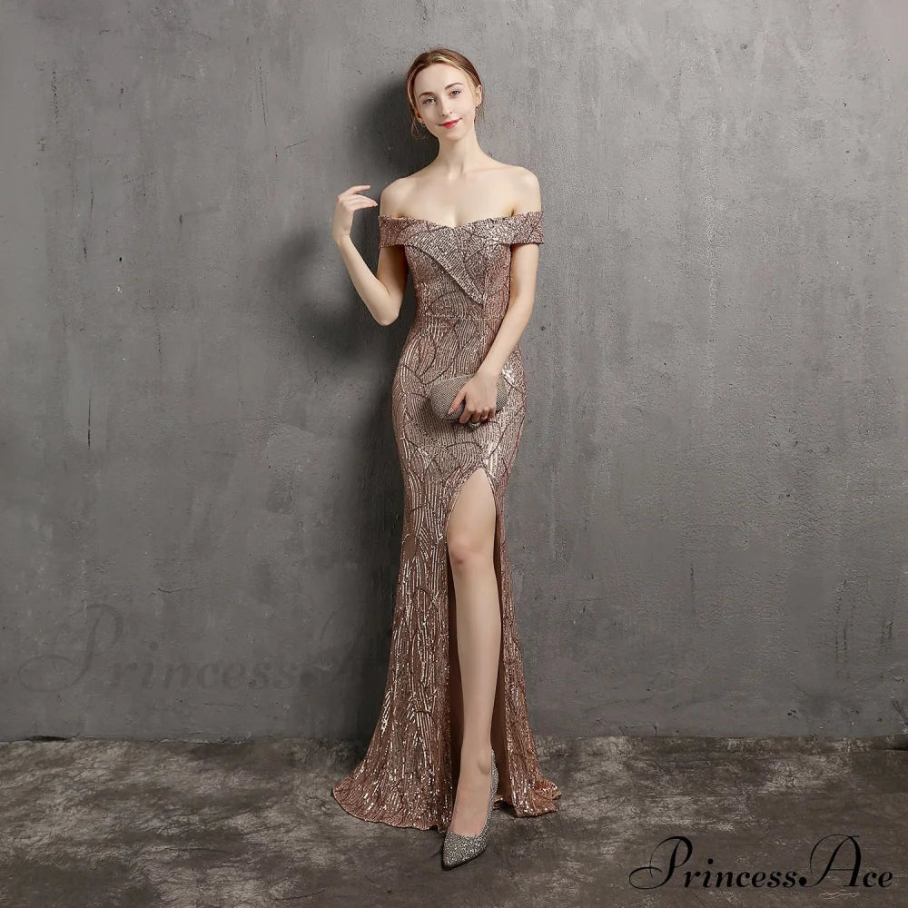 Clara Glitter Off the Shoulder Split Dress For Prom - Lady Occasions