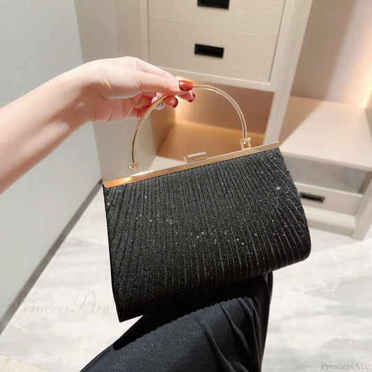 Classic Pleated Evening Bag Sparkling Party Prom Handbag Dress Purse Black / (20cm clutchbag-250126