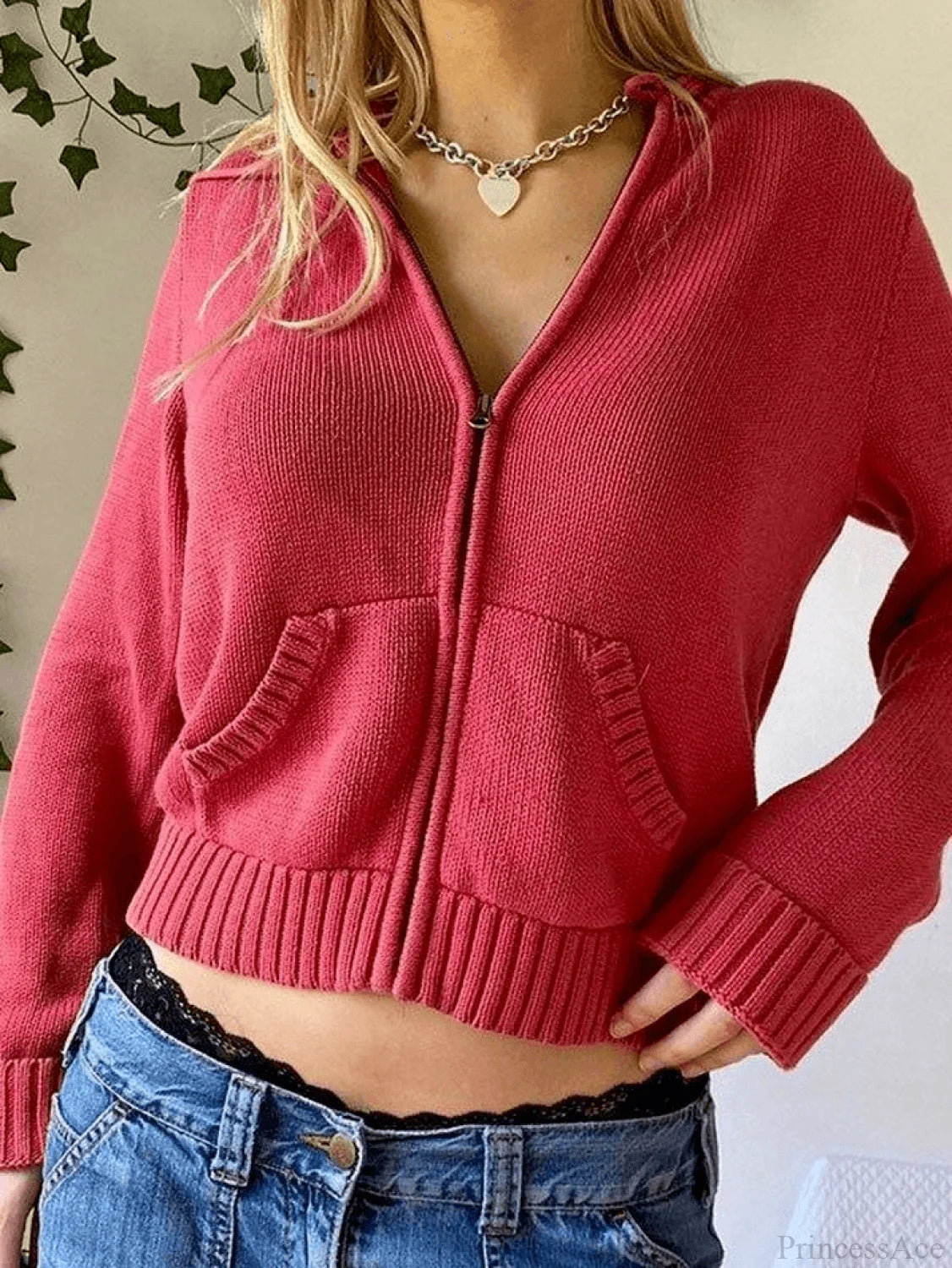 Hooded Crochet Knit Trendy Cropped Tank Top Red / S Sweaters