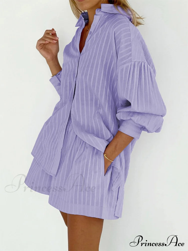 Cloud Nine Pinstripe See Modern Through Two Piece Shorts Set Purple / Xs Short Sets
