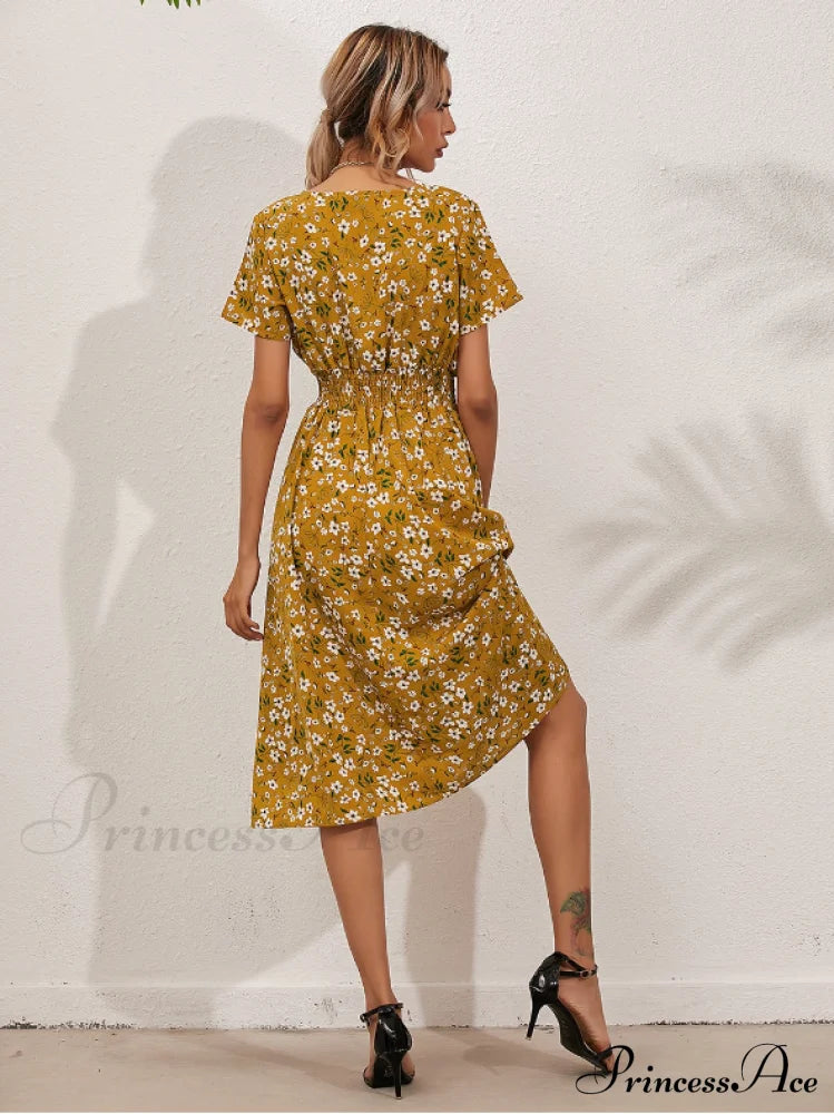 Coastal Short-Sleeved Gown Chiffon V-Neck A-Line Warm-Season Robe Dresses