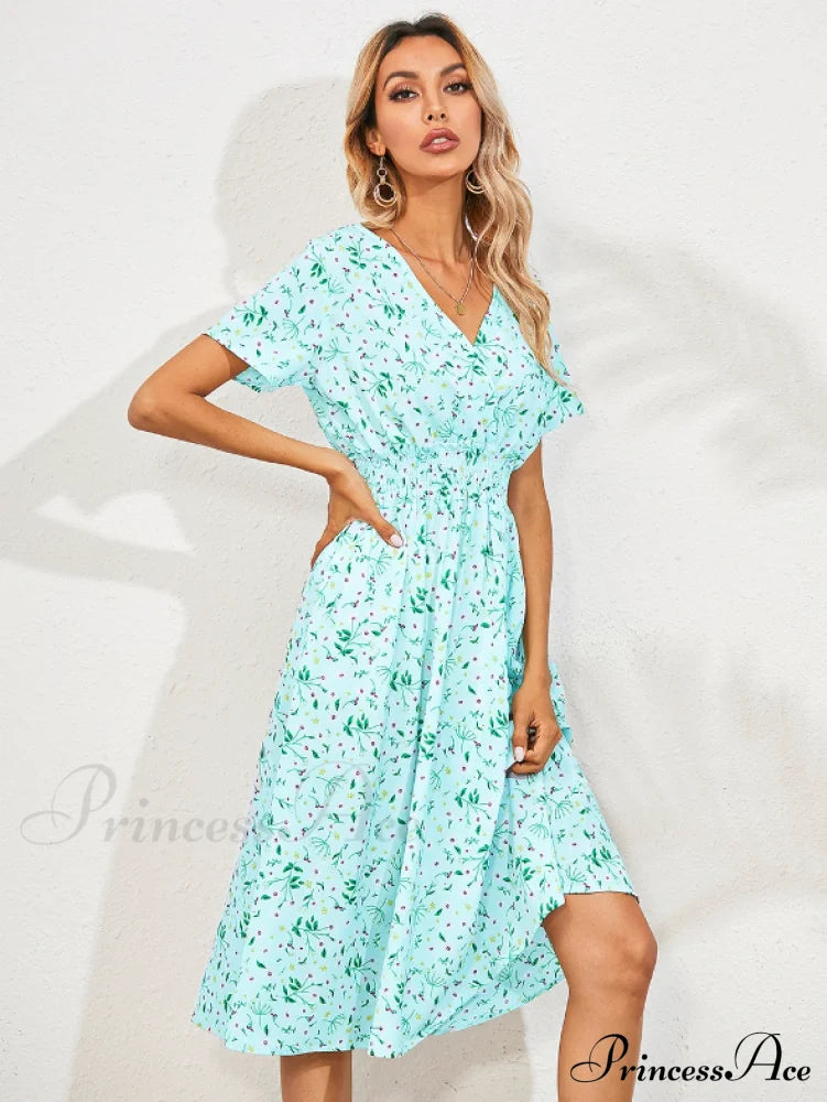 Coastal Short-Sleeved Gown Chiffon V-Neck A-Line Warm-Season Robe L / Green Dresses
