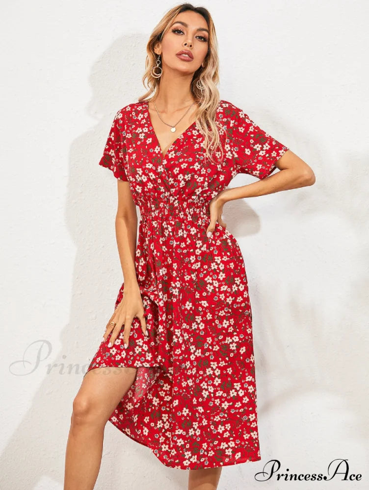 Coastal Short-Sleeved Gown Chiffon V-Neck A-Line Warm-Season Robe M / Pink Dresses