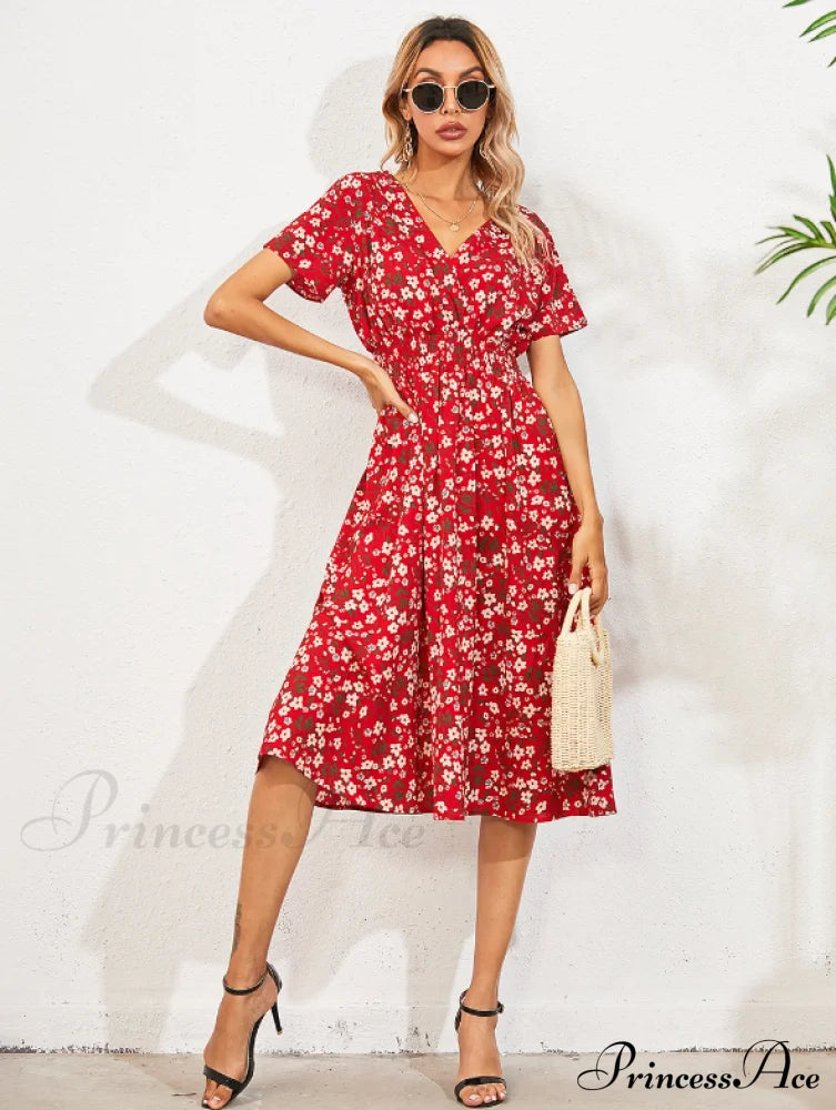 Coastal Short-Sleeved Gown Chiffon V-Neck A-Line Warm-Season Robe M / Yellow Dresses
