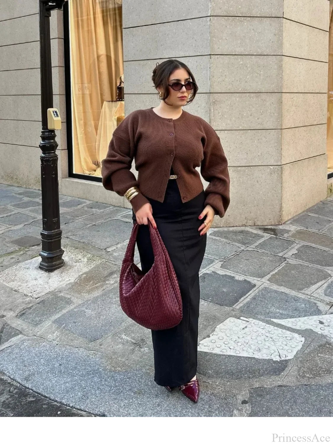 Coffee Color Round Neck Loose Cardigan