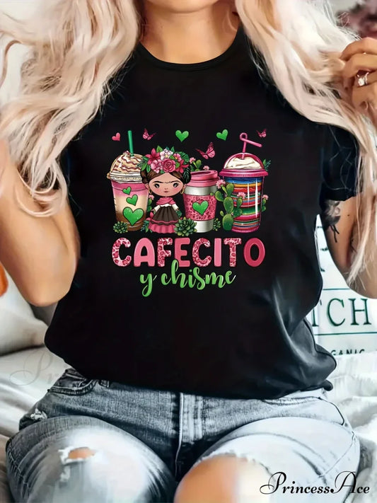 Coffee & Girl Printed - Casual All-Season Crew Neck Top With Belt Comfortable Polyester Blend