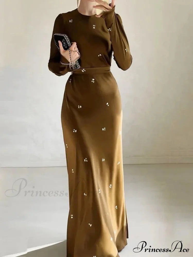 Coffee Print Bodycon Long Sleeve Dress M / Long Sleeve Evening Dress