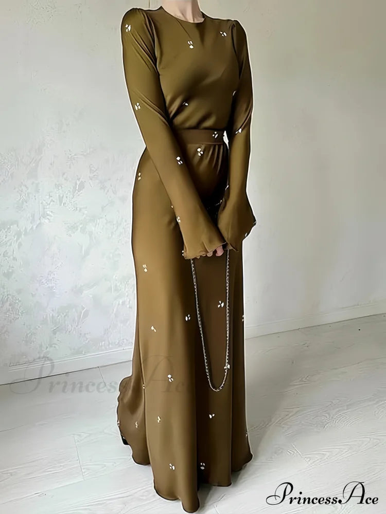 Coffee Print Bodycon Long Sleeve Dress S / Green Long Sleeve Evening Dress