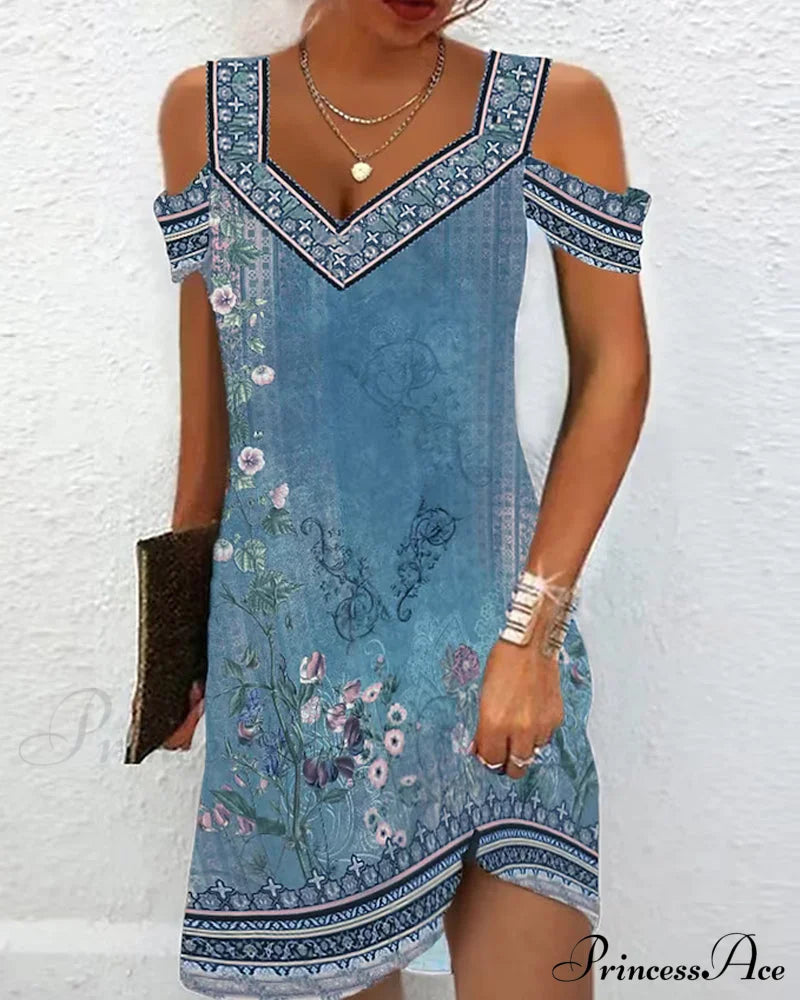 Floral Print Cold Shoulder Dress Blue 23BF Casual Dresses Clothes Dresses Summer