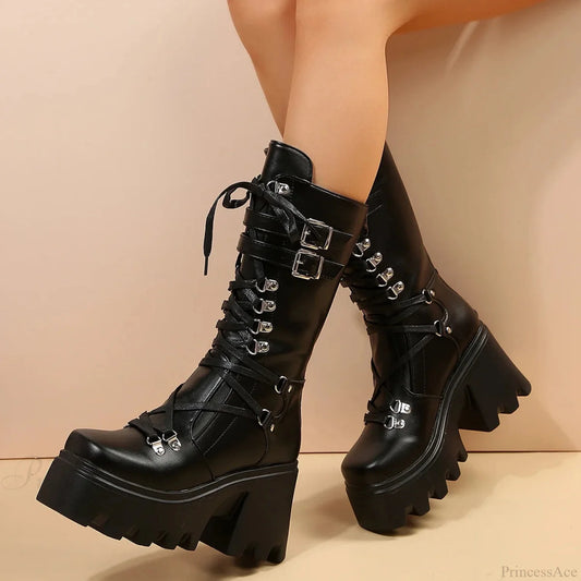 Cold Weather Style Mid Tube Platform Dark Boot Black matte / 35