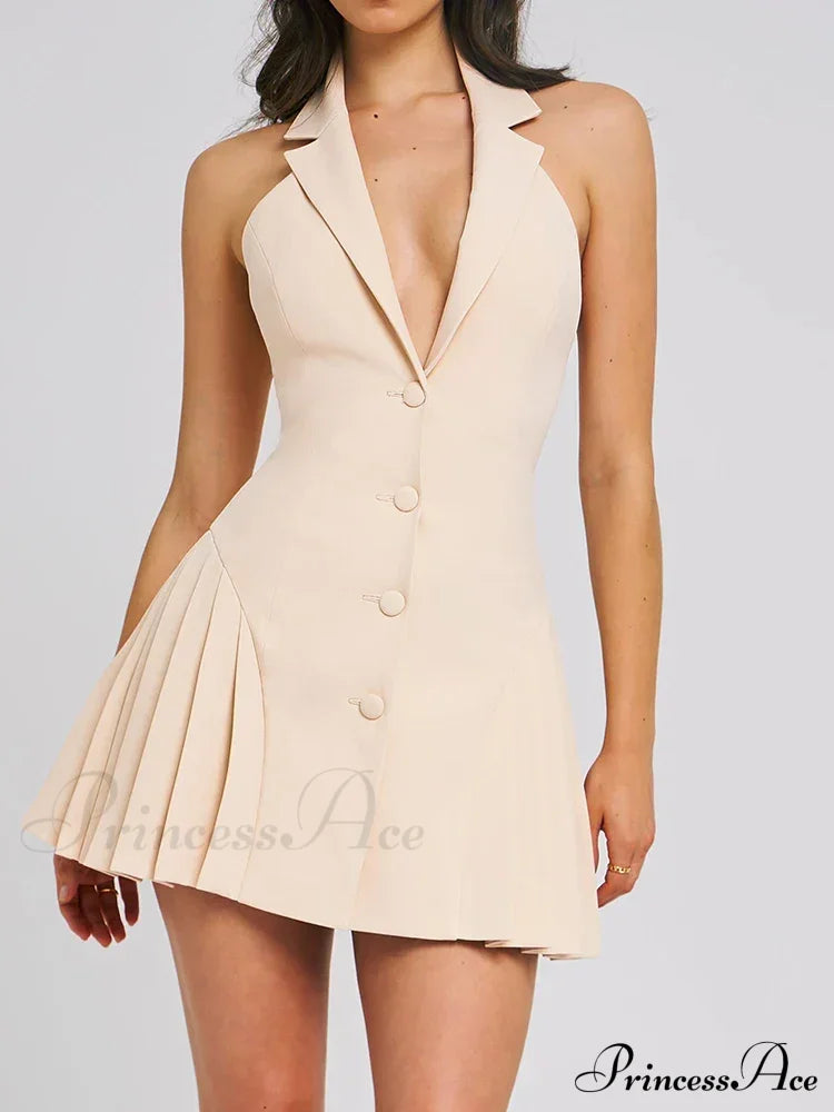 Collar Buttoned Backless Charming Suit Mini Dress Notched