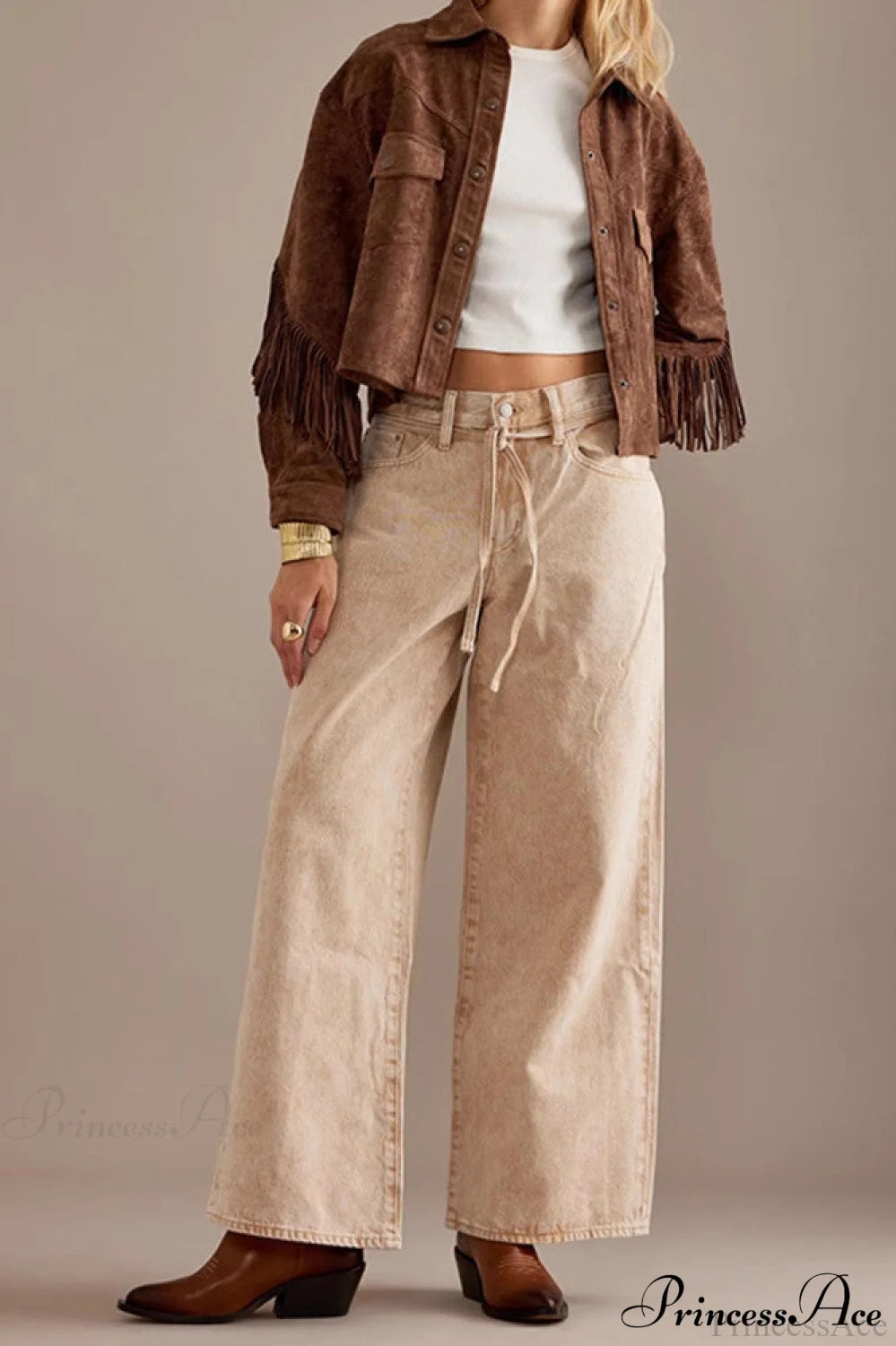 Collared Microsuede Tassel Long Sleeve Coat