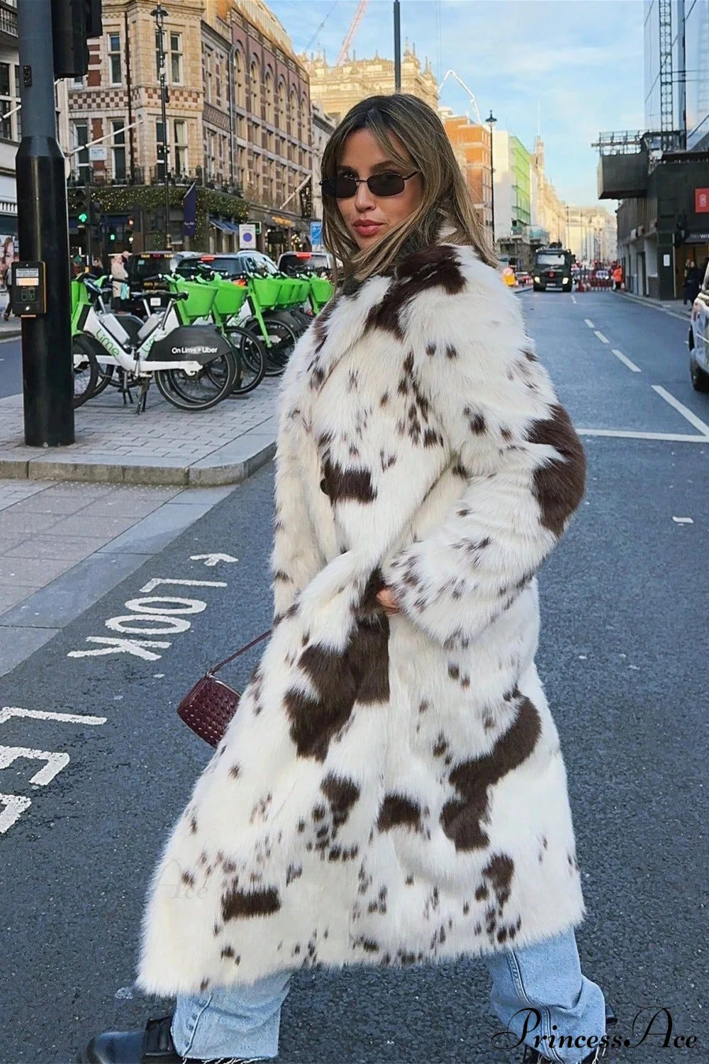 Color Block Animal Print Faux Fur Long Overcoat Cow Print / S