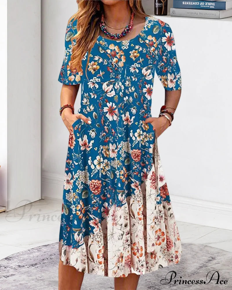 Color Block Dress With Round Neck And Pockets Casual Dresses