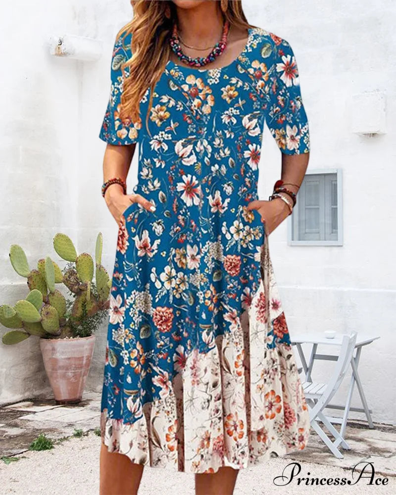 Color Block Dress With Round Neck And Pockets Casual Dresses