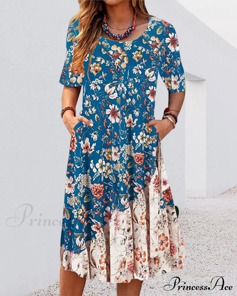 Color Block Dress With Round Neck And Pockets Casual Dresses