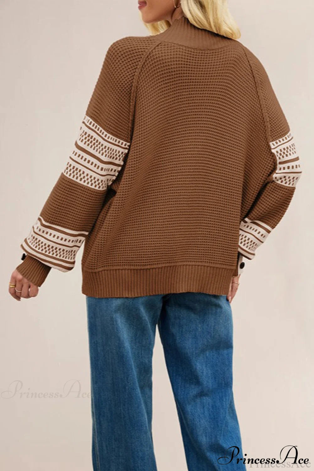 Color-Block Mock Neck Fashion Knit Sweater