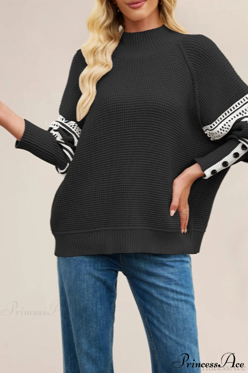 Color-Block Mock Neck Fashion Knit Sweater