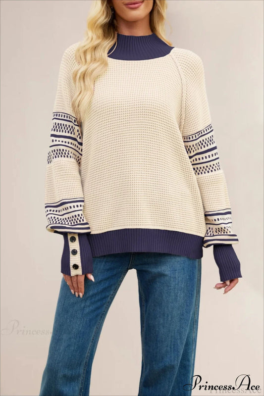 Color-Block Mock Neck Fashion Knit Sweater Apricot / S