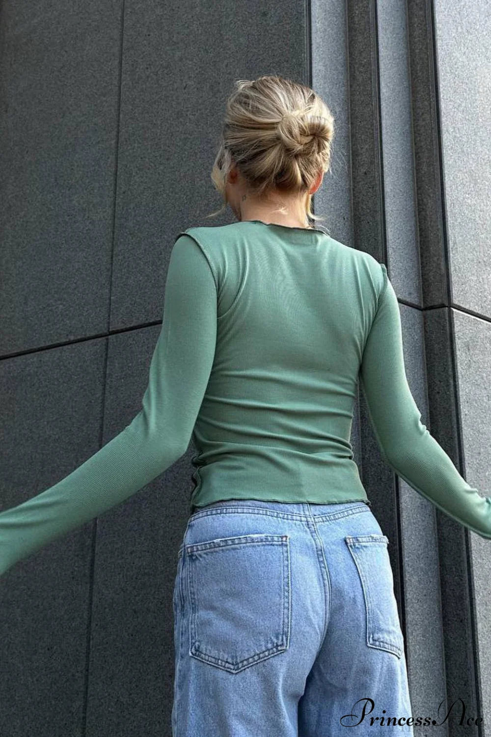 Color Block Ribbed Slim Crew Neck Long Sleeve Tee