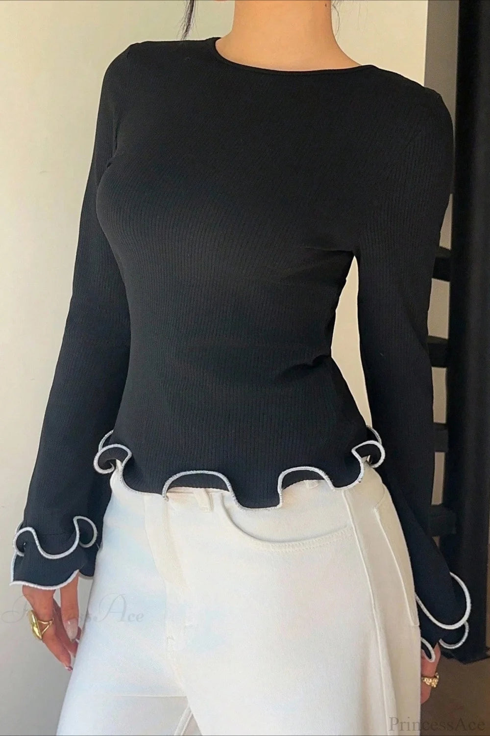 Color Block Ruffle Trim Slim Crew Neck Long Sleeve Tee