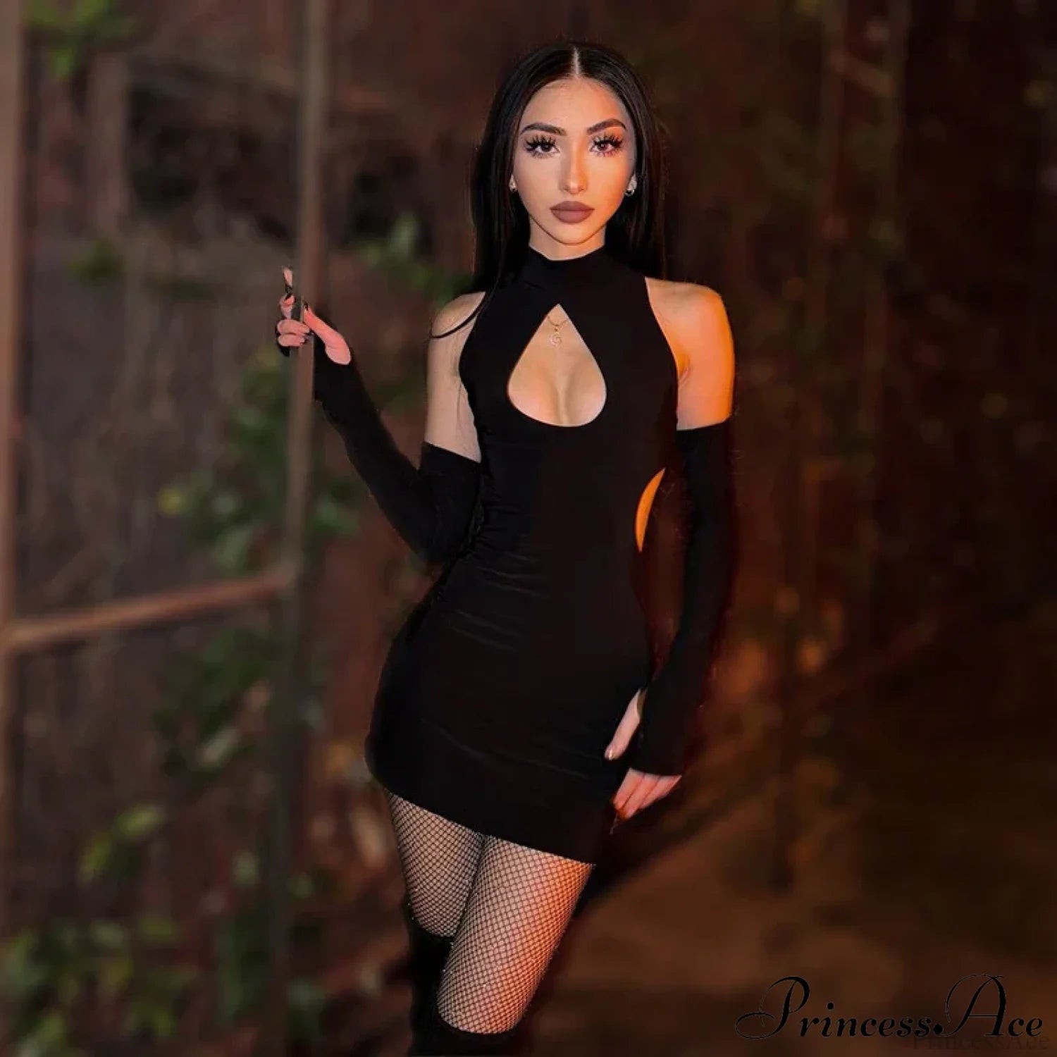 Color Front Chest Water Drop Hollowed Out Half Height Leader Suit With Finger Cuffs Tight Cut Dress