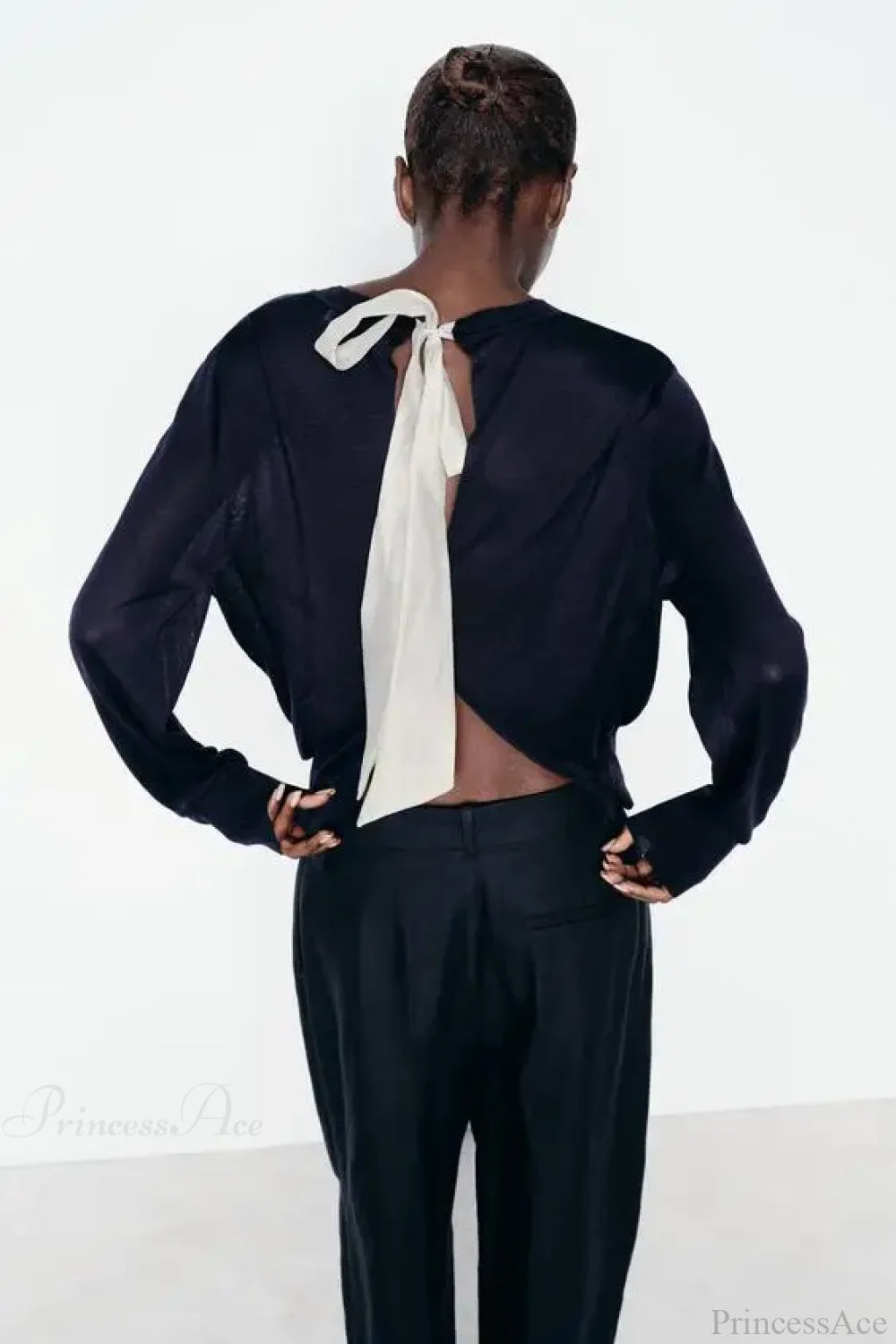 Color Contrasting Bow Bat Sleeve Cardigan Navy Blue / S