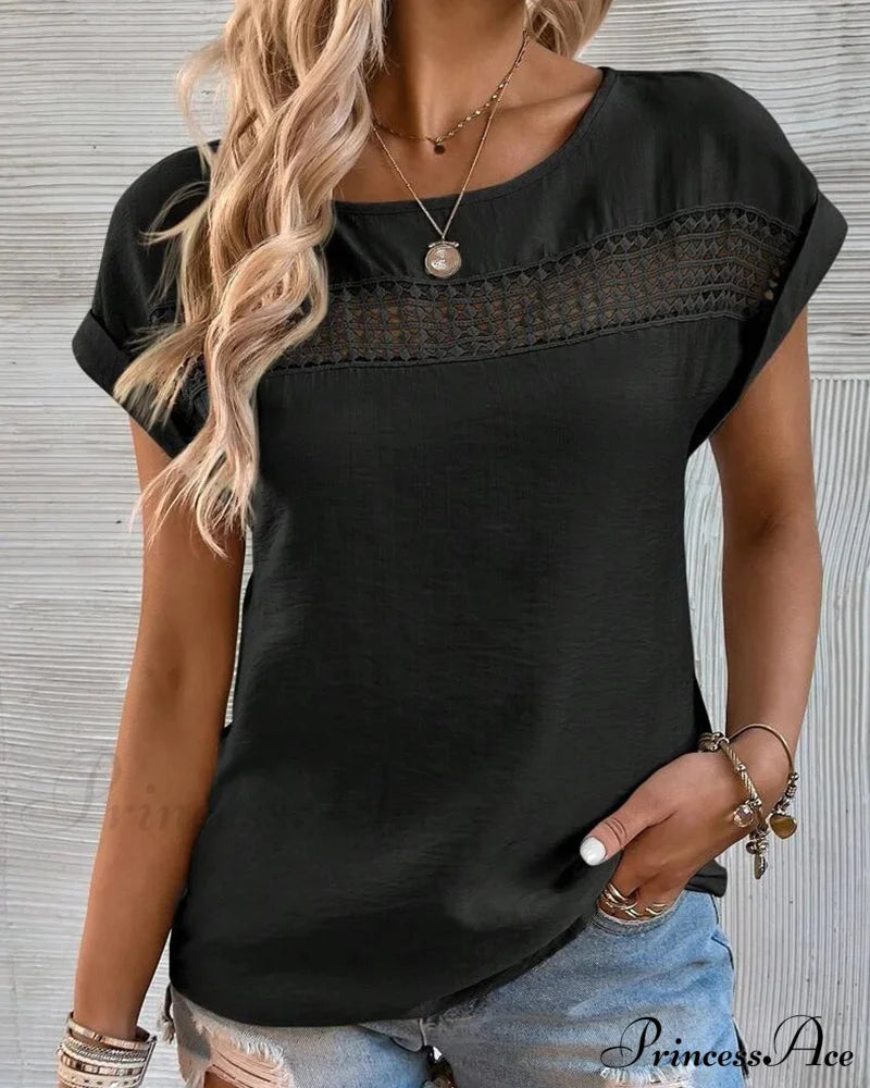 Cutout Solid color T-shirt Black 23BF clothes Short Sleeve Tops Spring Summer T-shirts Tops/Blouses