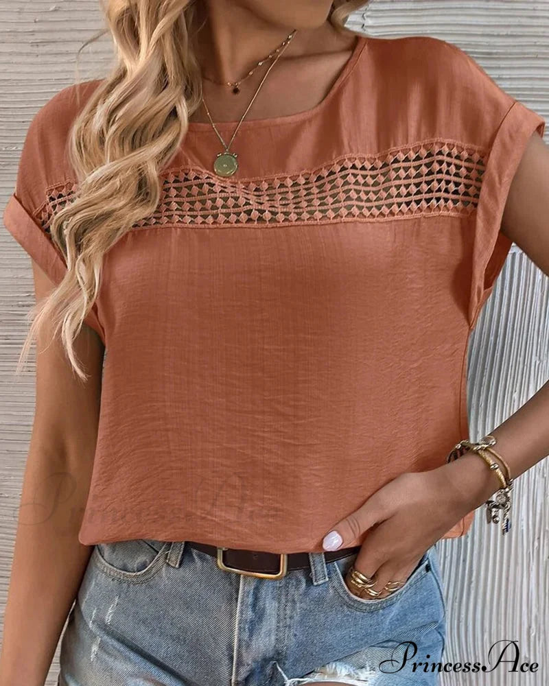Cutout Solid color T-shirt Brown 23BF clothes Short Sleeve Tops Spring Summer T-shirts Tops/Blouses