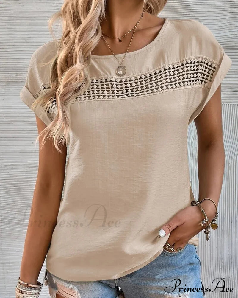 Cutout Solid color T-shirt Khaki 23BF clothes Short Sleeve Tops Spring Summer T-shirts Tops/Blouses
