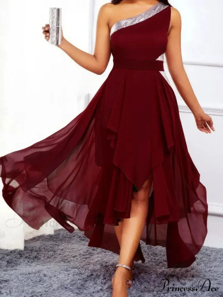 Colorblock Sequin One Shoulder Asymmetrical Party Dress L / Black