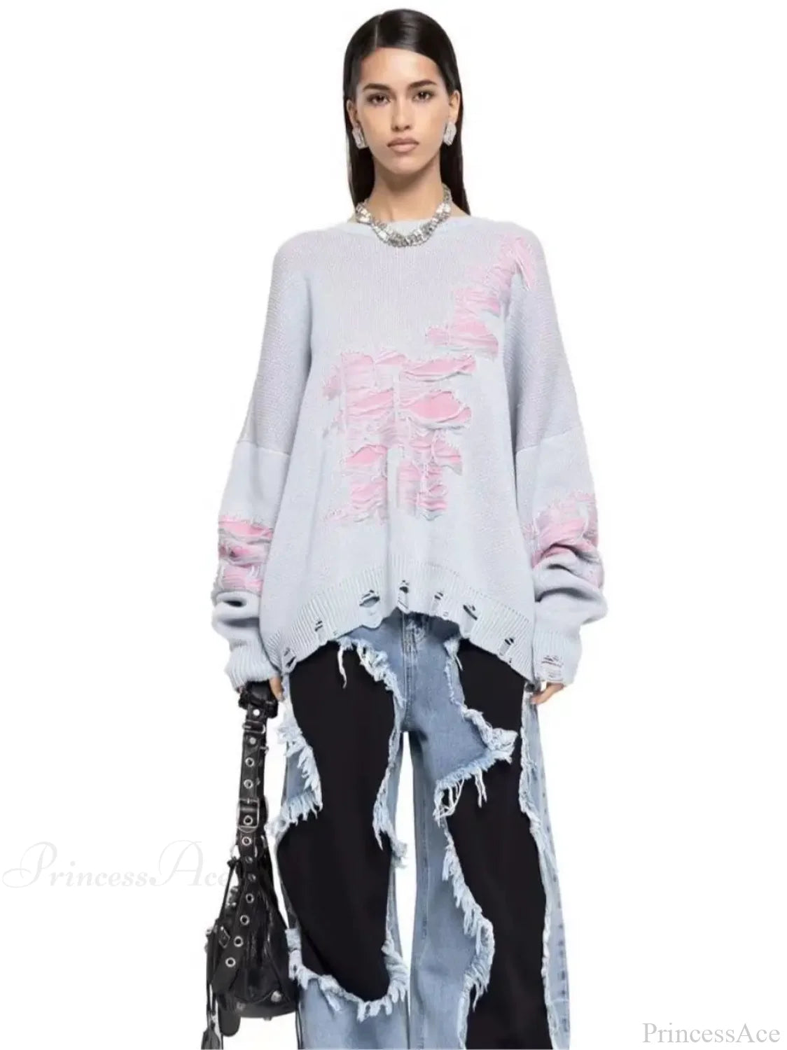 Colorblocking Torn Knit Pullover Sweater