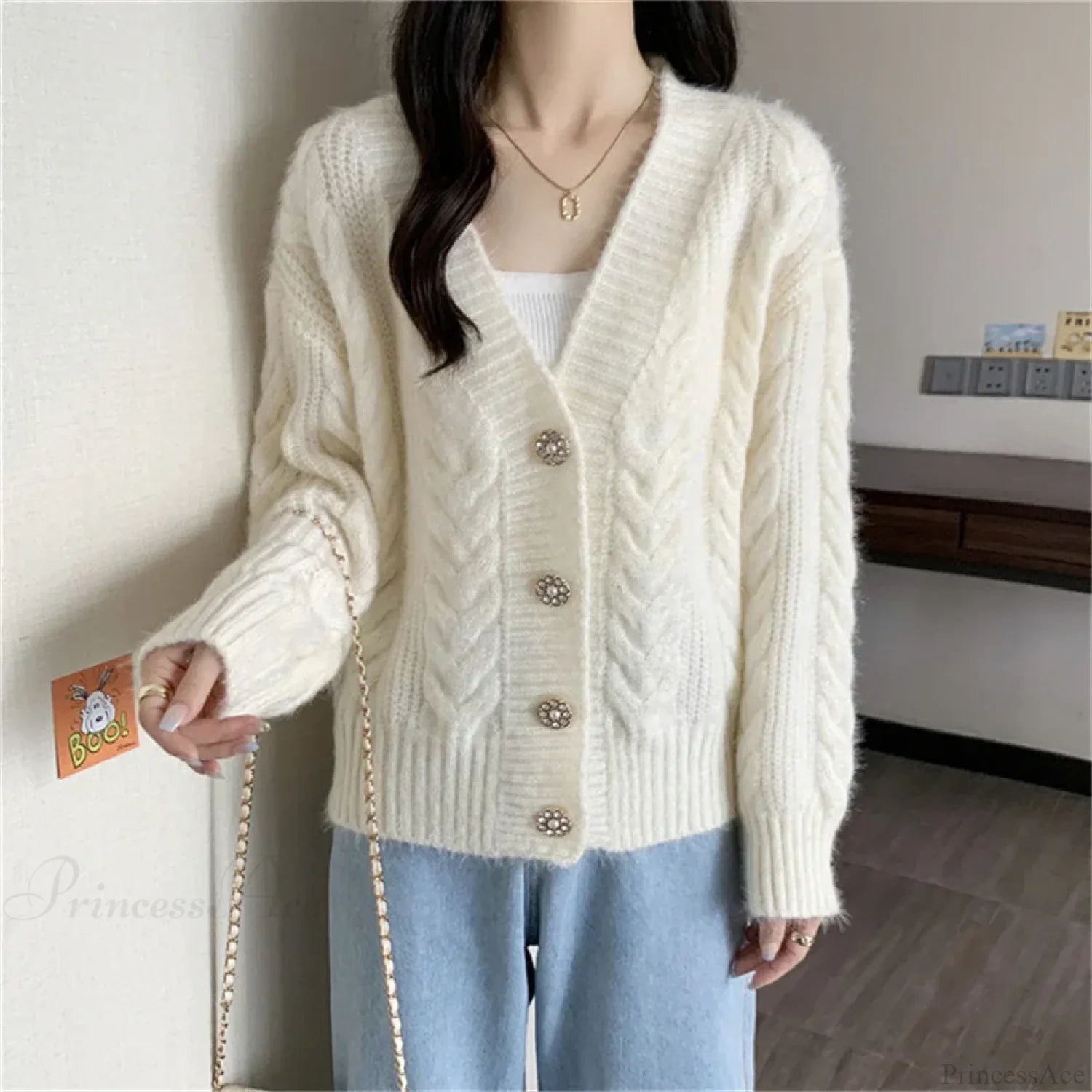 Colorful Button Patchwork Loose Knit Cardigan Beige / S cardiagn-250126