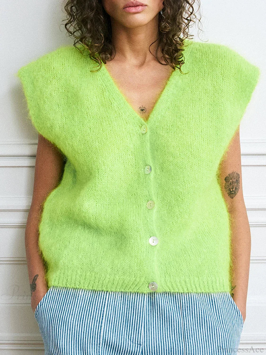 Colorful Furry Button-Up Sleeveless Cardigan Fluorescent Green / S