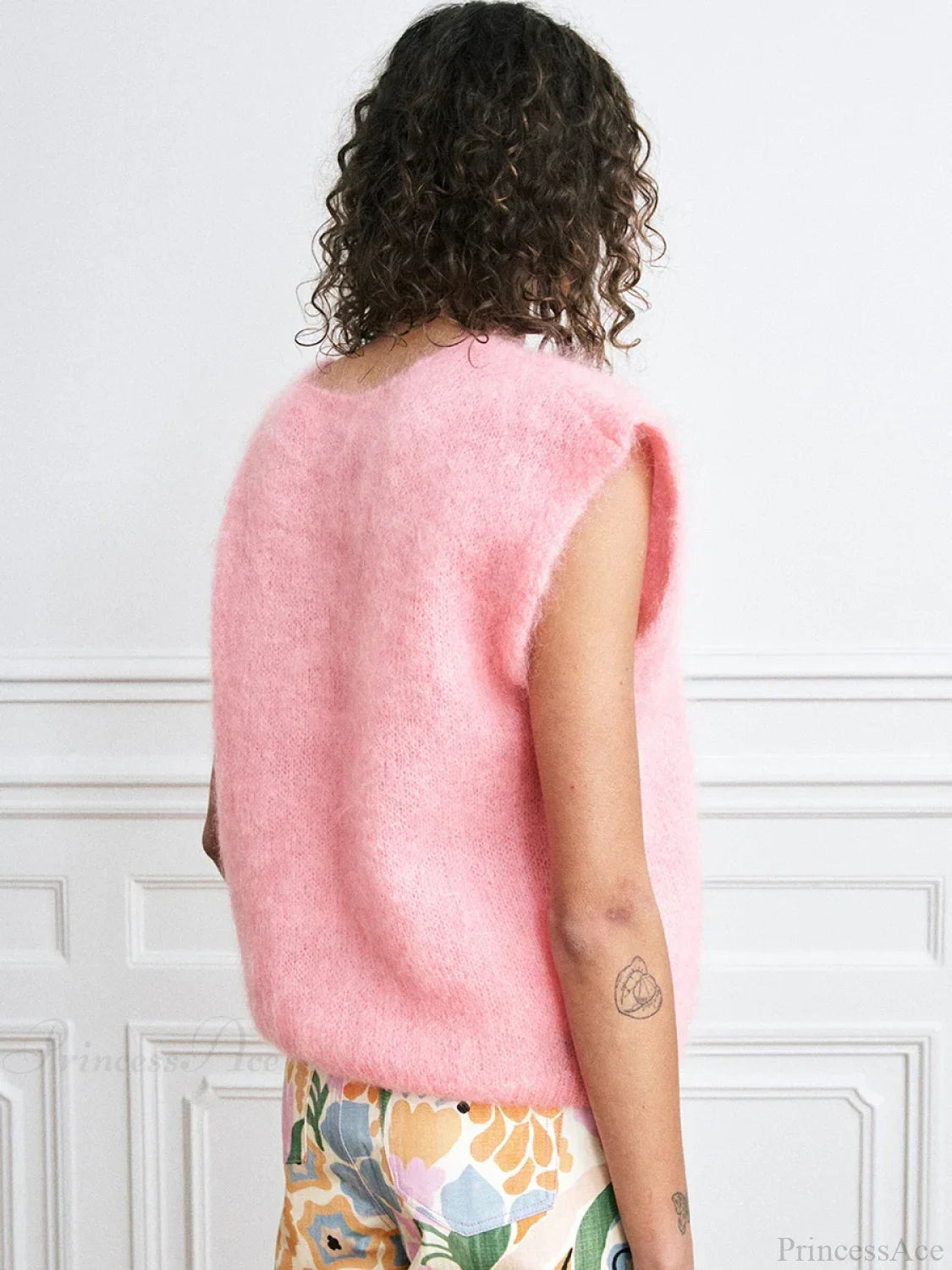 Colorful Furry Button-Up Sleeveless Cardigan Pink / S