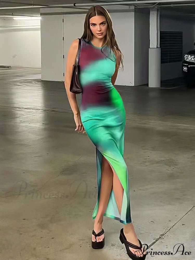 Colorful Maxi Slit Summer Dress S / Green Green Colorful Maxi Dress