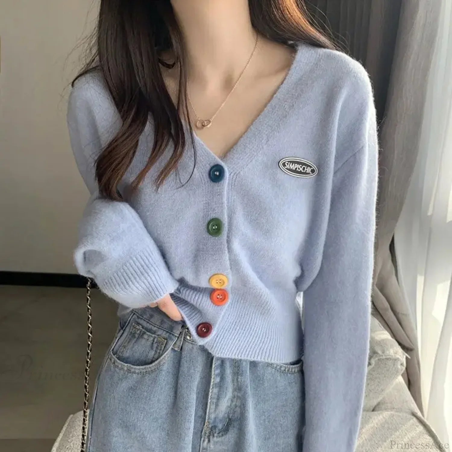Colorful V-Neck Loose Long Sleeve Casual Knit Cardigan Blue / S cardiagn-250126