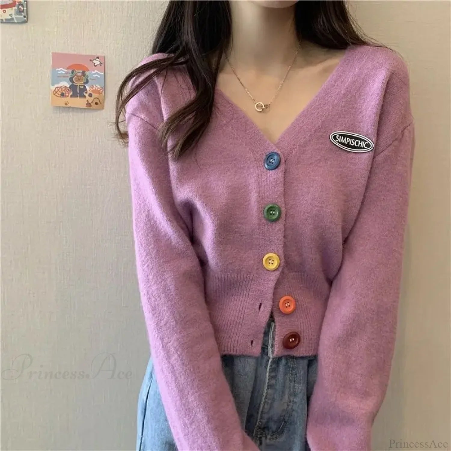 Colorful V-Neck Loose Long Sleeve Casual Knit Cardigan Pink / S cardiagn-250126