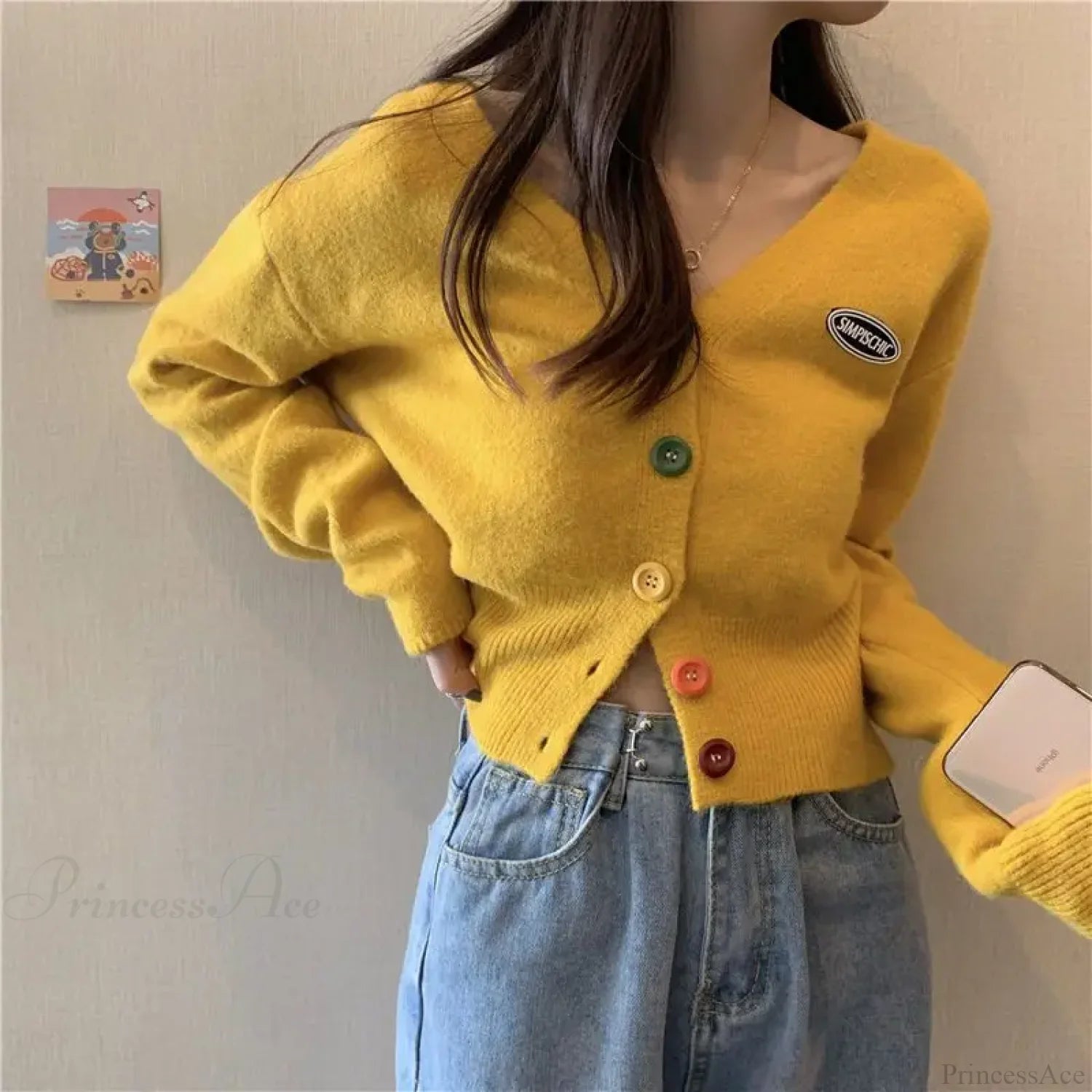 Colorful V-Neck Loose Long Sleeve Casual Knit Cardigan Yellow / S cardiagn-250126