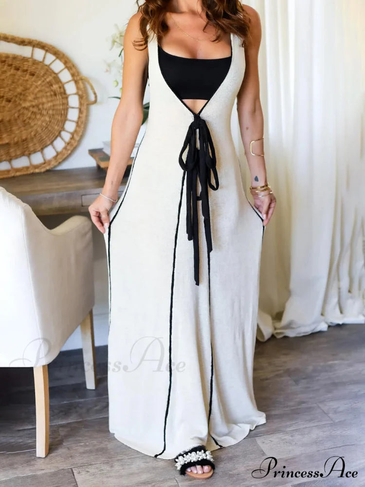 Contrast Color Self-Tie Charming Flowy Oversized Maxi Dress Dresses