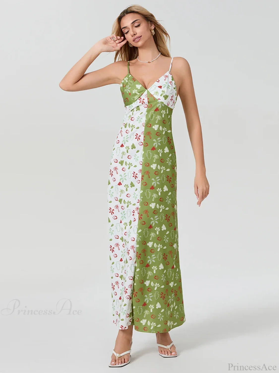 Contrast Color V-neck Spaghetti Strap Slip Floral Dress floraldress-250126