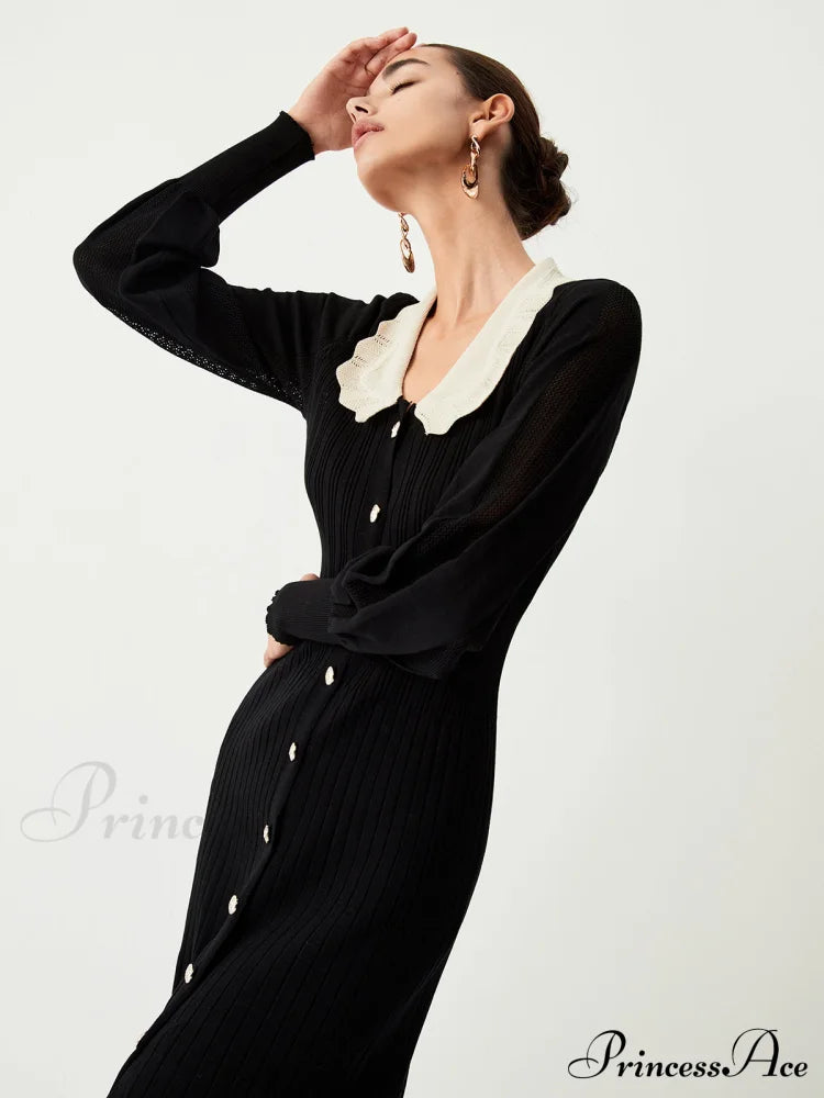 Contrast Eyelet Collar Long Modern Sleeve Midi Sweater Dress Sweaters-L