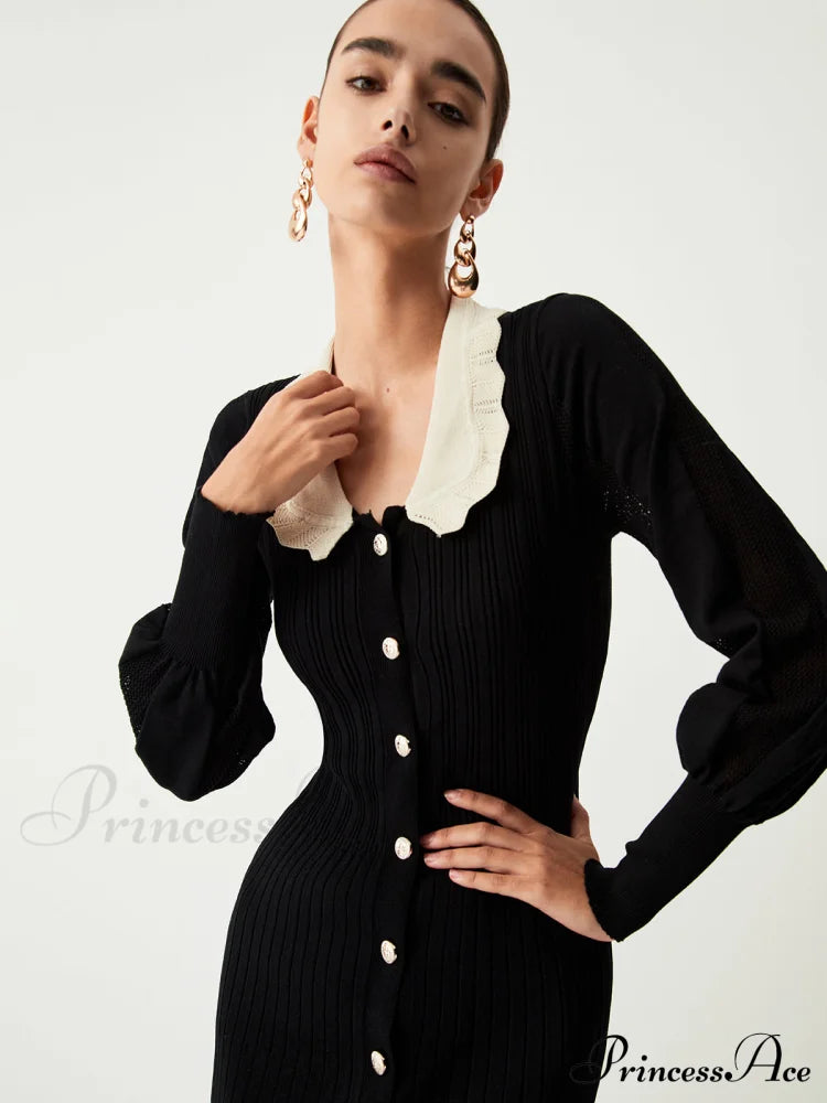 Contrast Eyelet Collar Long Modern Sleeve Midi Sweater Dress Sweaters-L