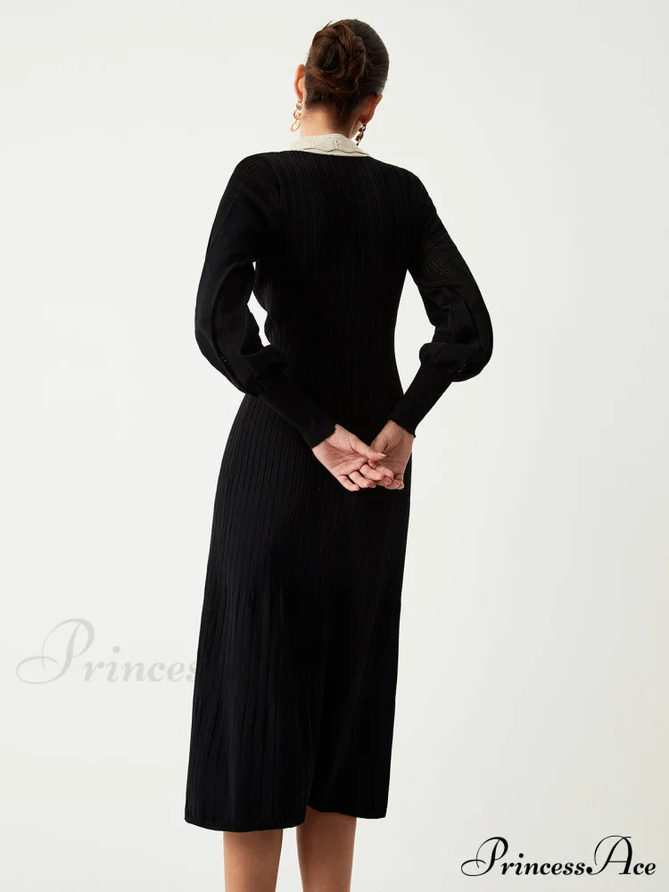 Contrast Eyelet Collar Long Modern Sleeve Midi Sweater Dress Sweaters-L