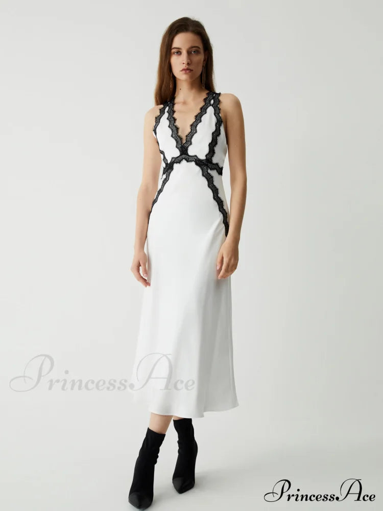 Contrast Lace Graceful Satin Long Dress Dresses