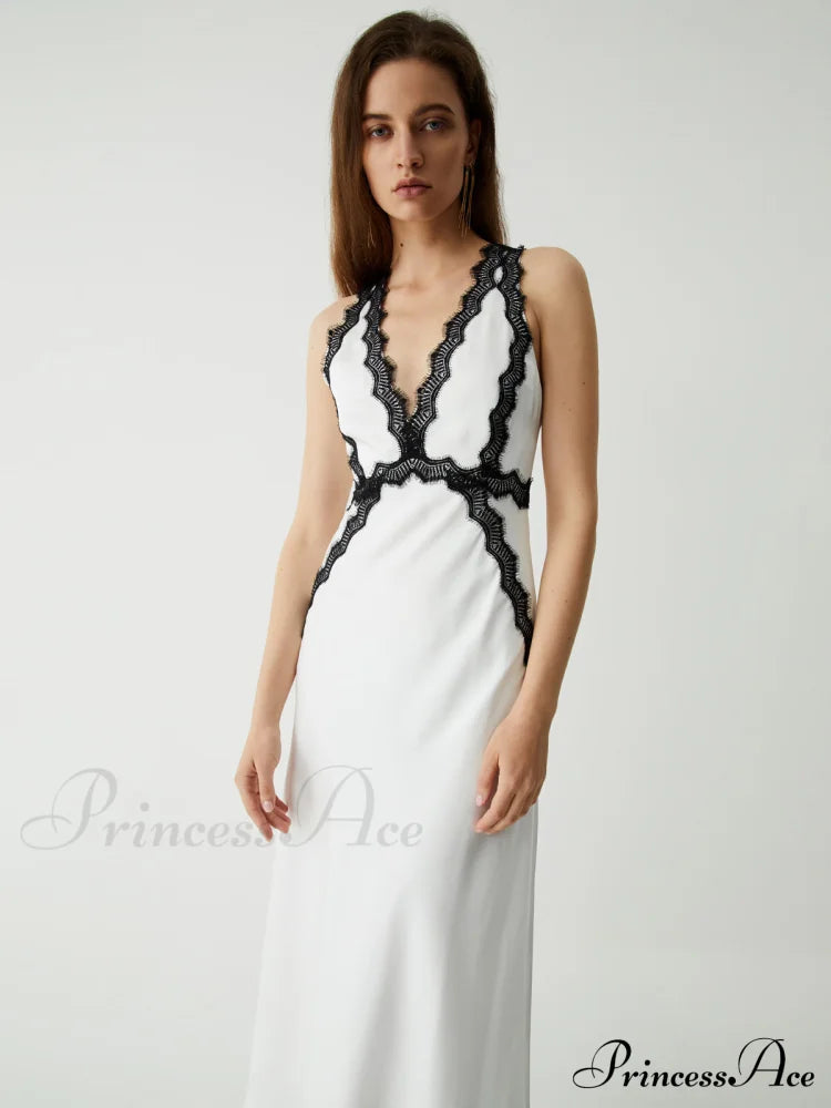 Contrast Lace Graceful Satin Long Dress Dresses