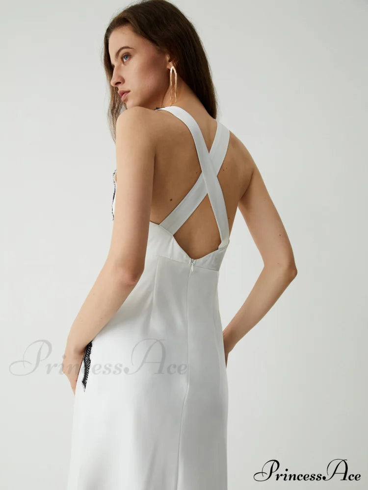 Contrast Lace Graceful Satin Long Dress Dresses