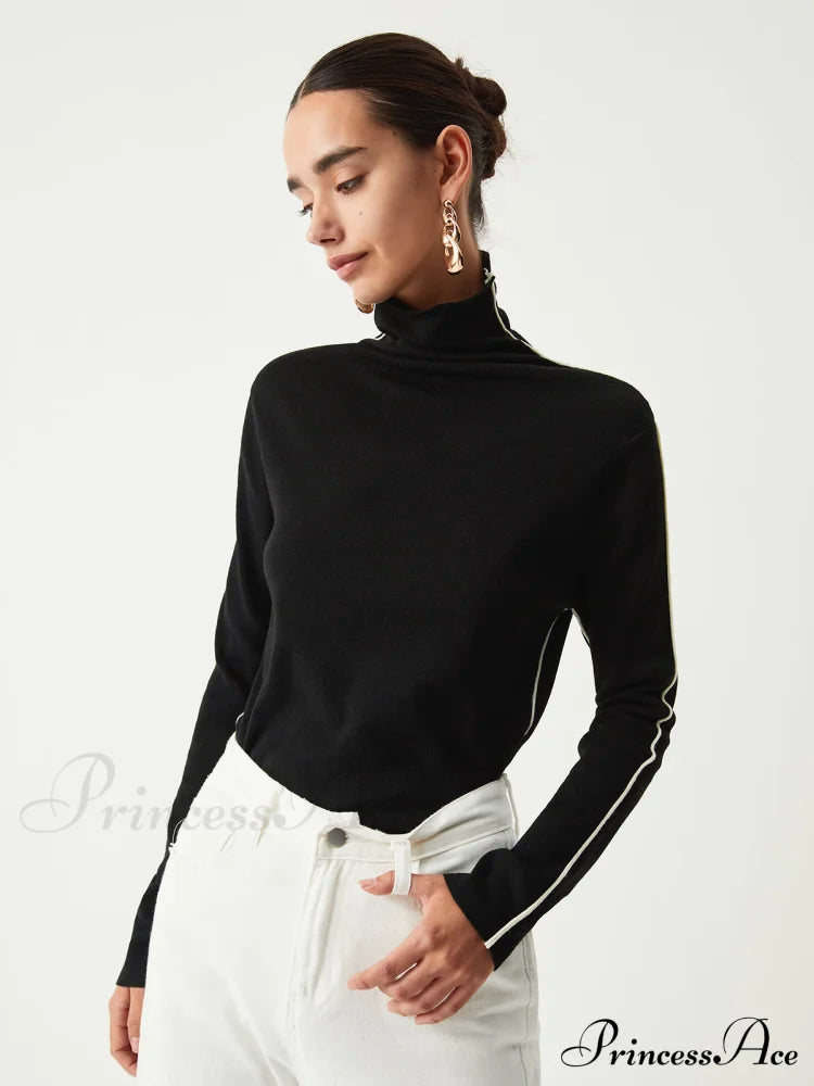 Contrast Piping Turtleneck Trendy Long Sleeve Top Tank Tops & Camis