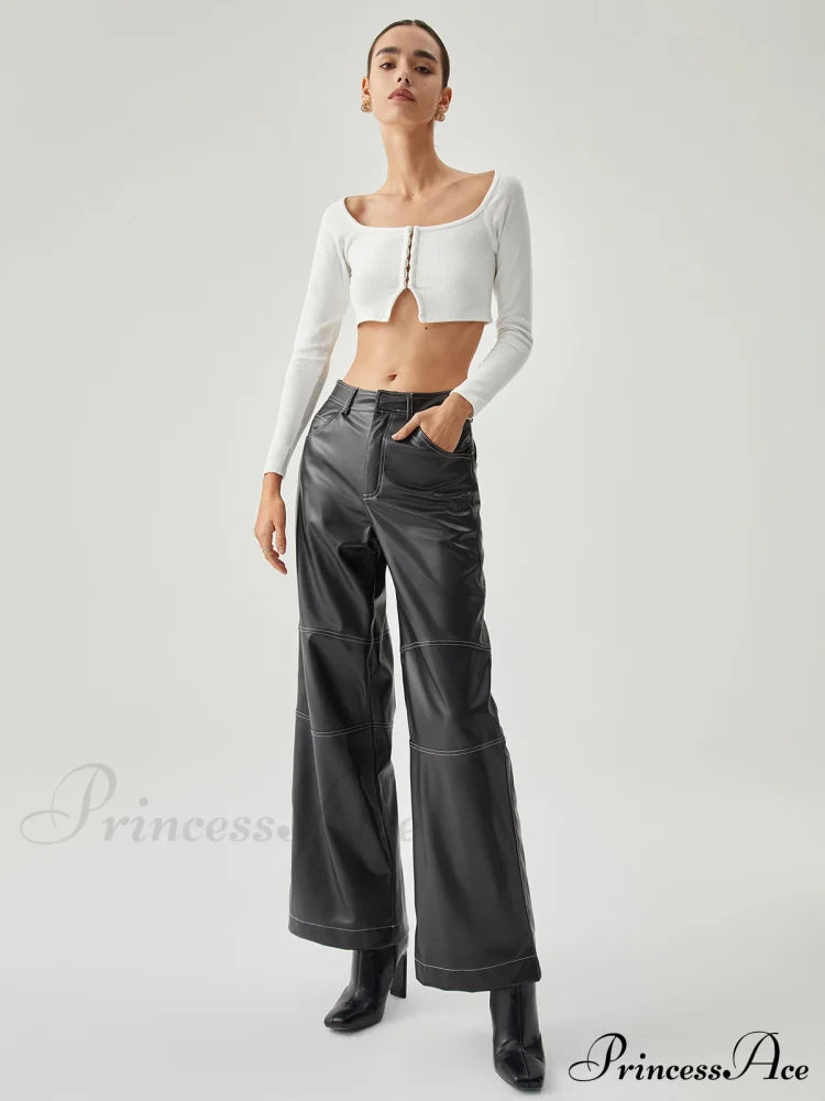 Contrast Stitch Leather Trendy Wide Leg Pants