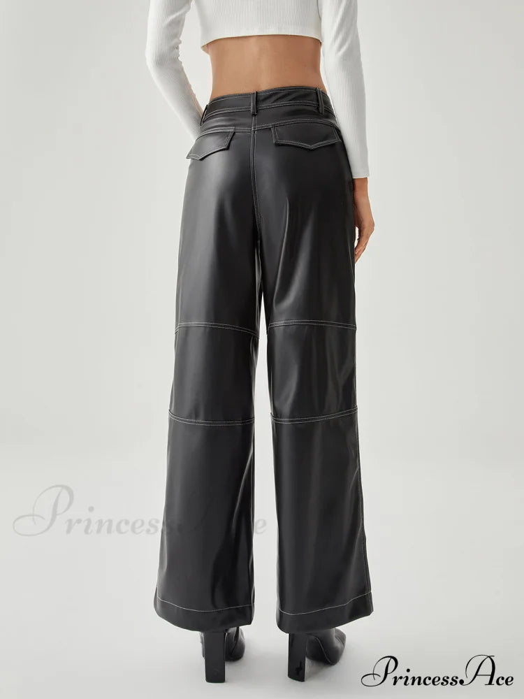 Contrast Stitch Leather Trendy Wide Leg Pants